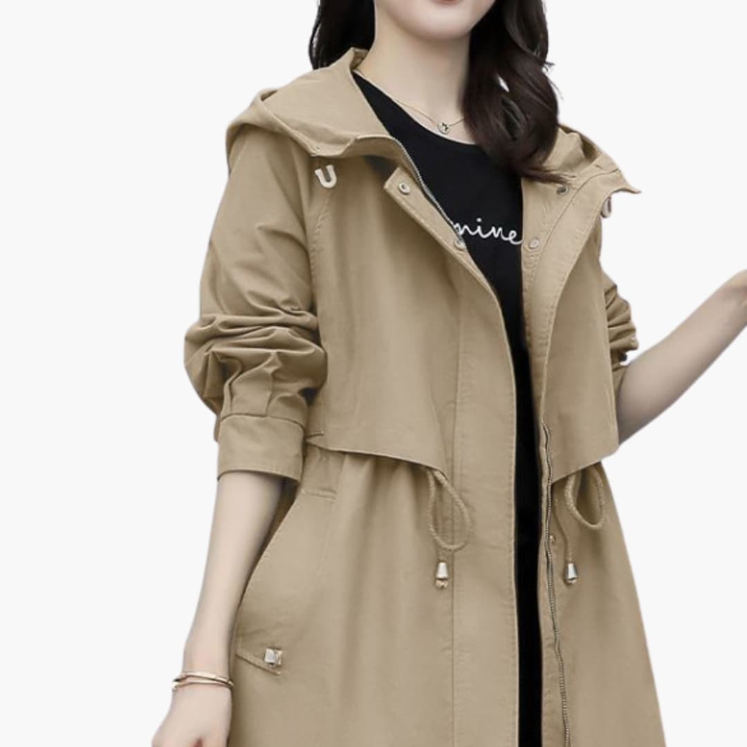 BerlinGlamour | Dames trenchcoat met capuchon, rits en trekkoord in de taille 0