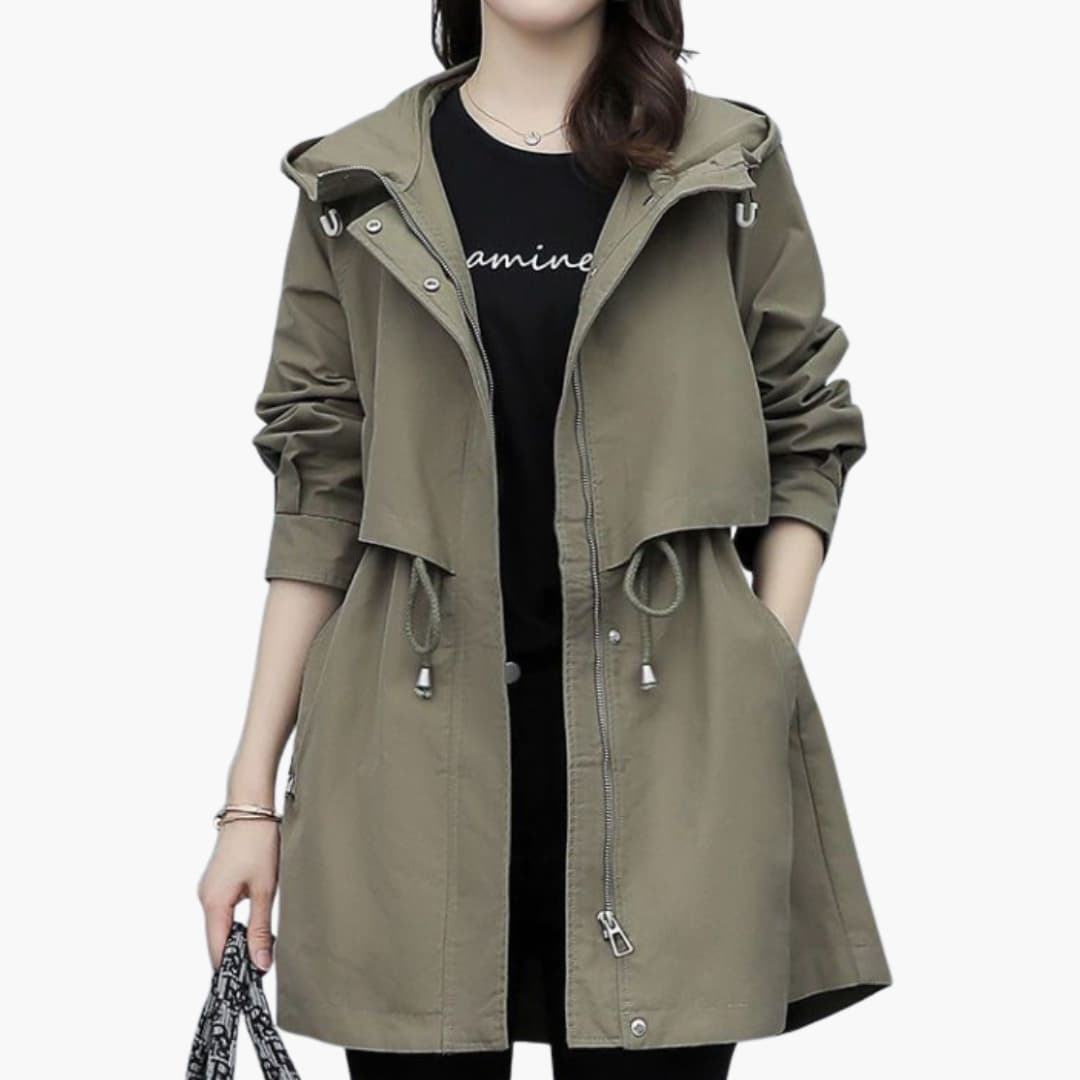 BerlinGlamour | Dames trenchcoat met capuchon, rits en trekkoord in de taille 1