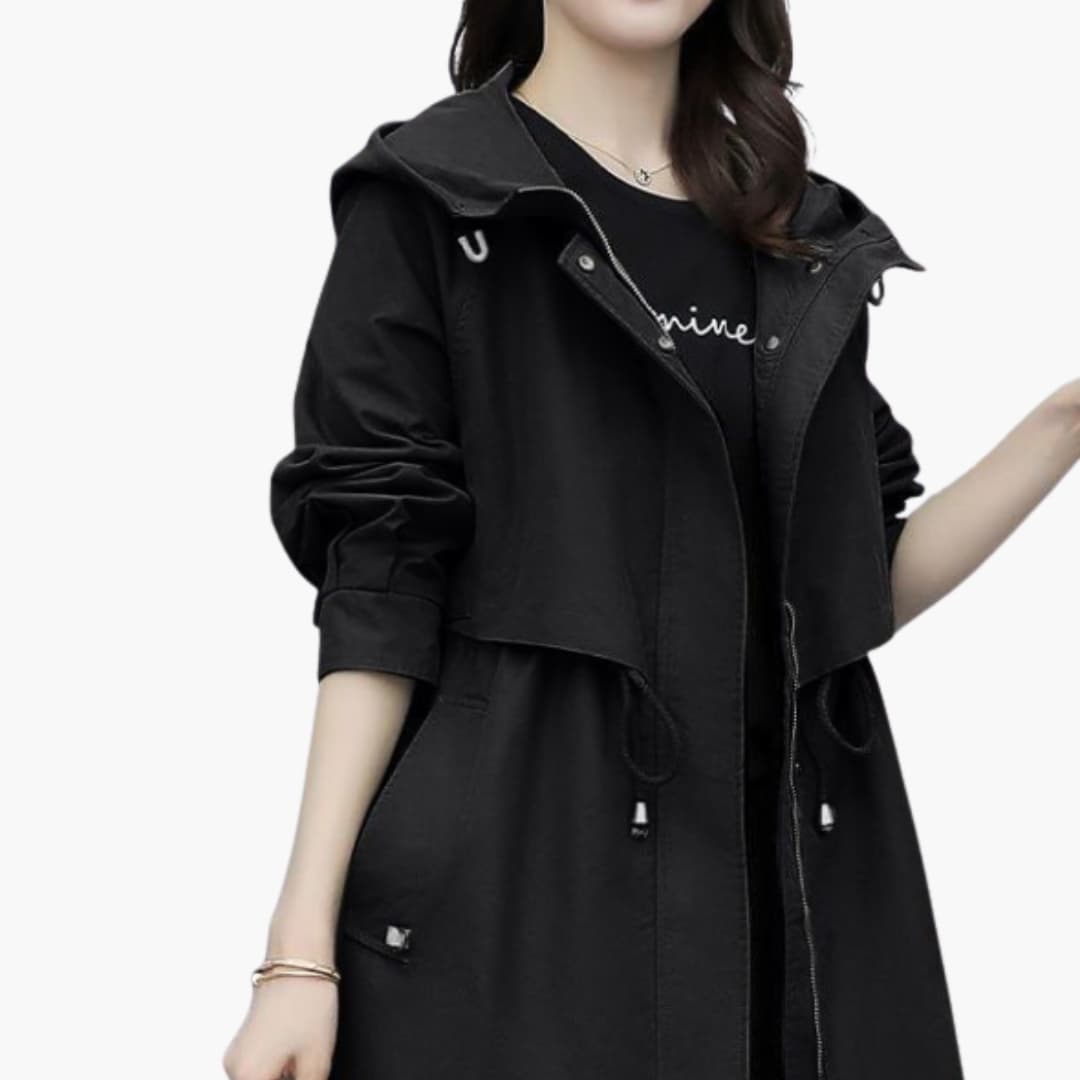 BerlinGlamour | Dames trenchcoat met capuchon, rits en trekkoord in de taille 2