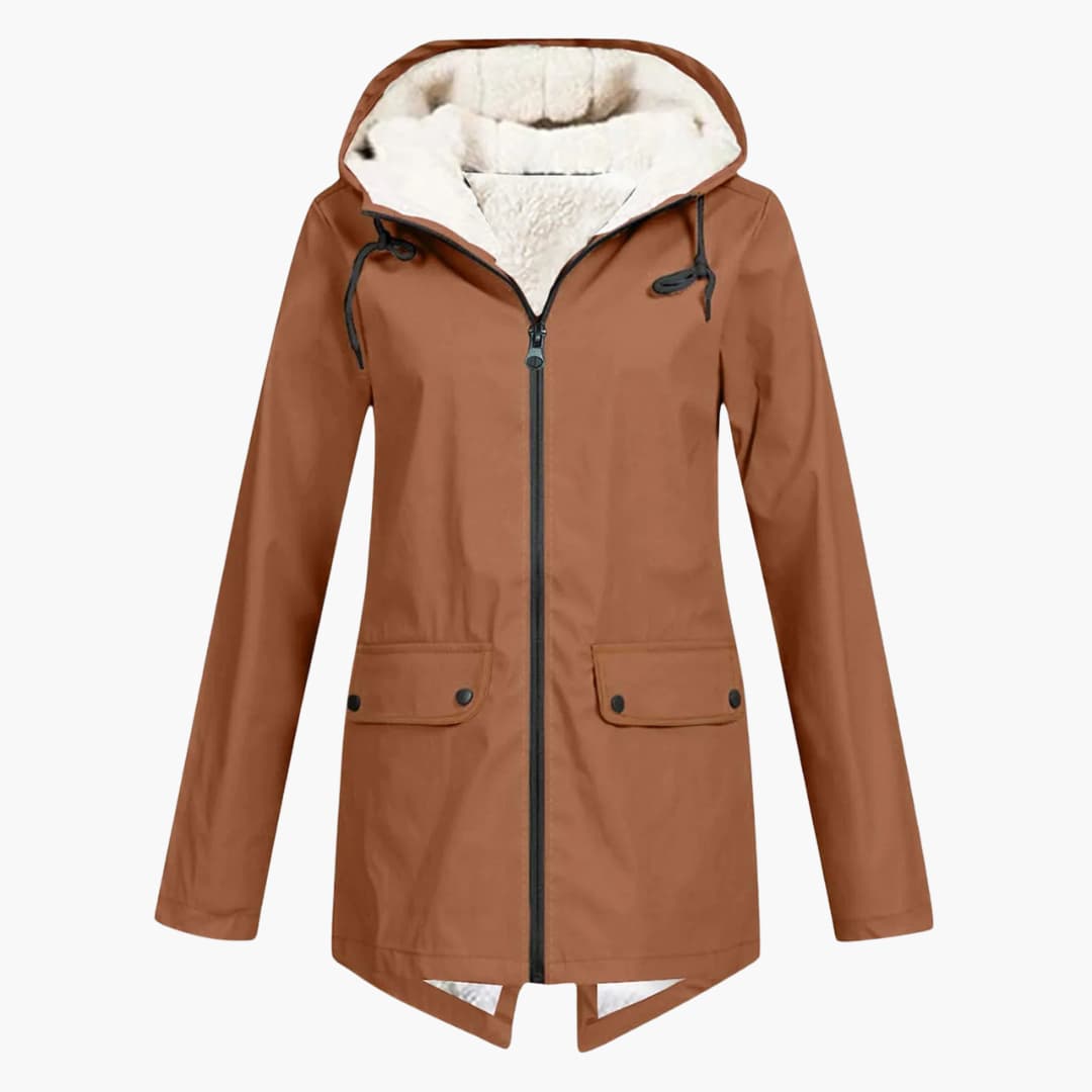 BerlinGlamour | Dames trenchcoat met capuchon, rits en zakken aan de voorkant 0