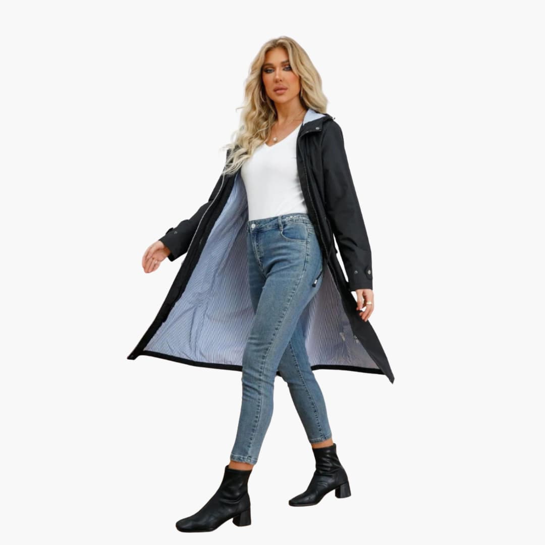 BerlinGlamour | Dames trenchcoat met capuchon en verstelbare taille 1