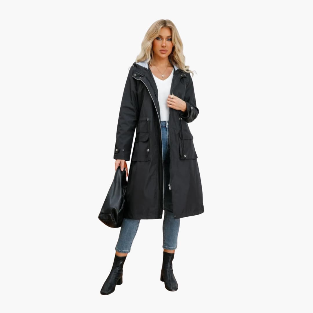 BerlinGlamour | Dames trenchcoat met capuchon en verstelbare taille 2