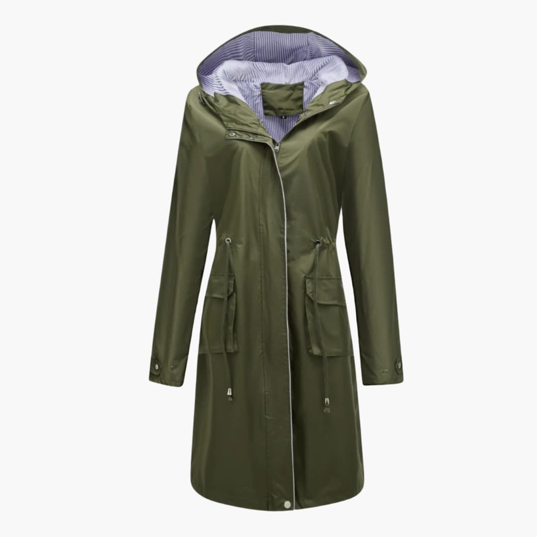 BerlinGlamour | Dames trenchcoat met capuchon en verstelbare taille 5