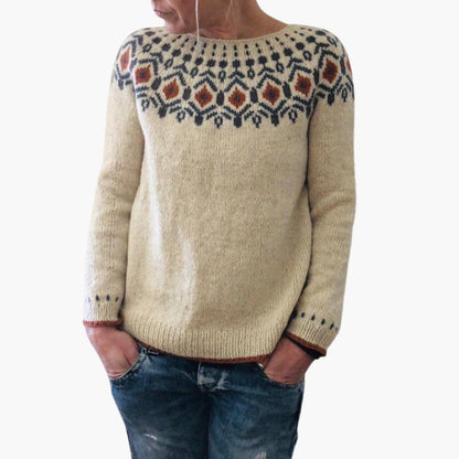 BerlinGlamour | Gebreide damestrui met ronde hals en geometrisch patroon 1