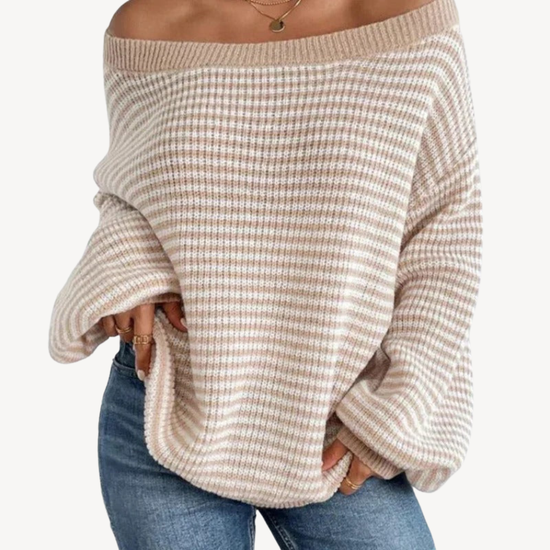 BerlinGlamour | Gestreepte off-shoulder gebreide trui voor dames 0