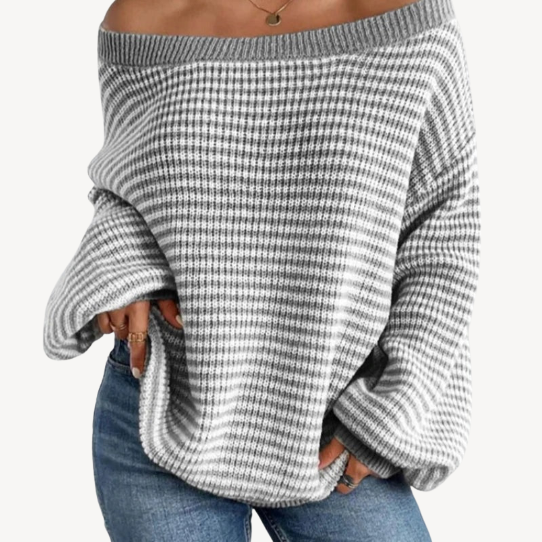 BerlinGlamour | Gestreepte off-shoulder gebreide trui voor dames 3