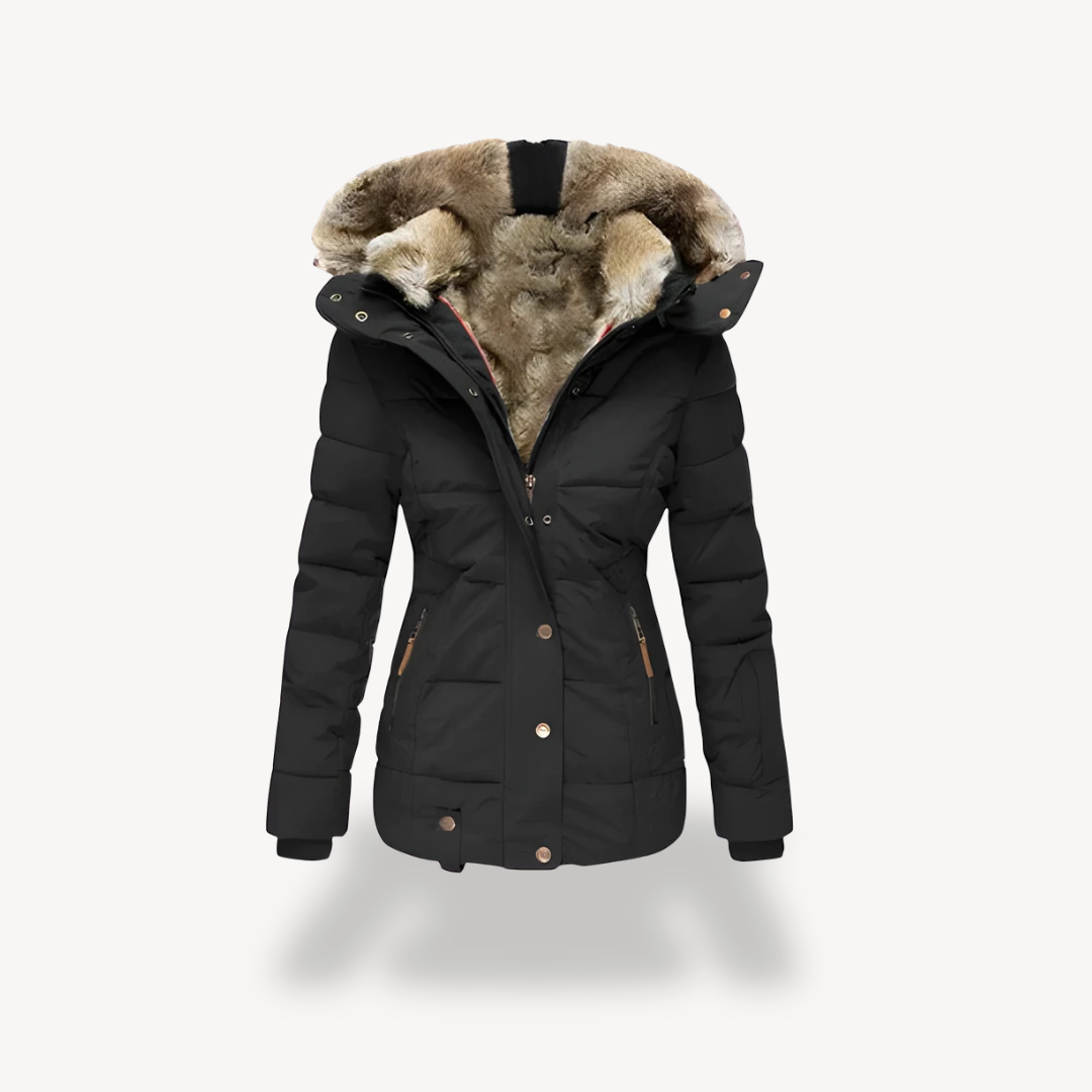 BerlinGlamour | Gewatteerde damesparka met afneembare capuchon van imitatiebont 0