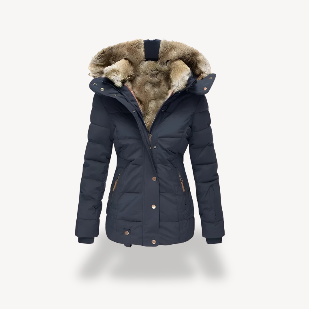 BerlinGlamour | Gewatteerde damesparka met afneembare capuchon van imitatiebont 1
