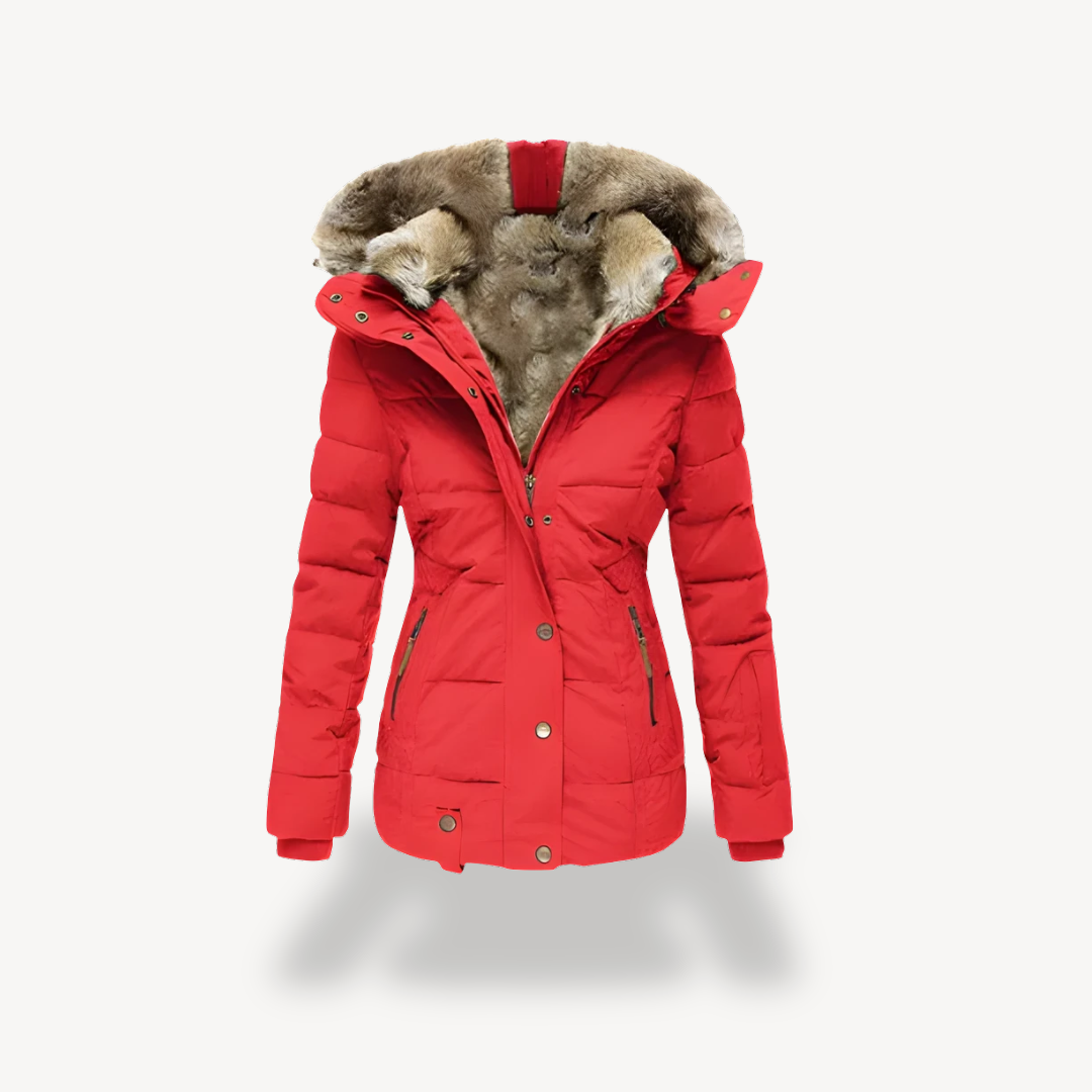 BerlinGlamour | Gewatteerde damesparka met afneembare capuchon van imitatiebont 3