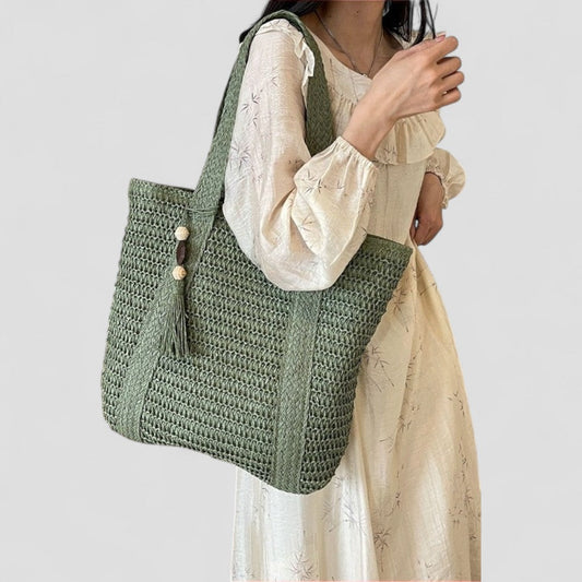 BerlinGlamour | Geweven emmertas met grote capaciteit, zomerse strandschoudertas 0