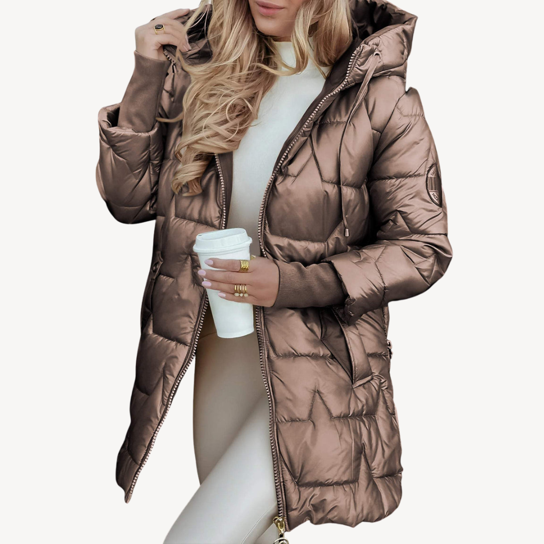BerlinGlamour | Halflange gewatteerde jas met capuchon voor dames 3