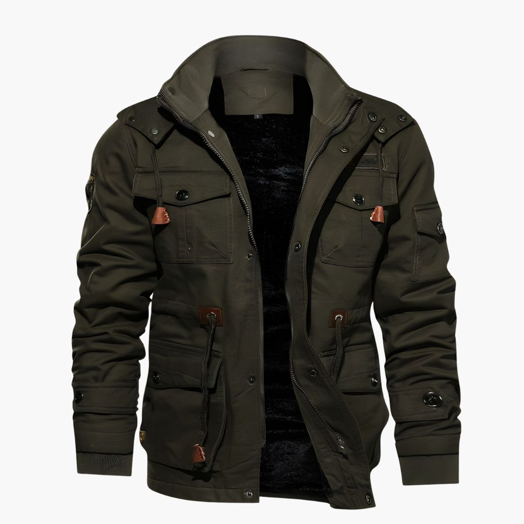 BerlinGlamour | Heren militair jack met capuchon en meerdere zakken 4