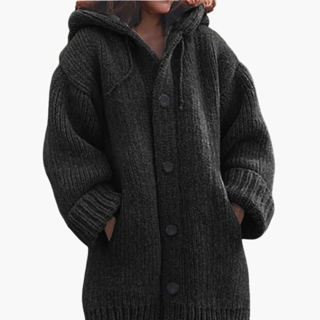 BerlinGlamour | Lange damescardigan met capuchon Warm 2