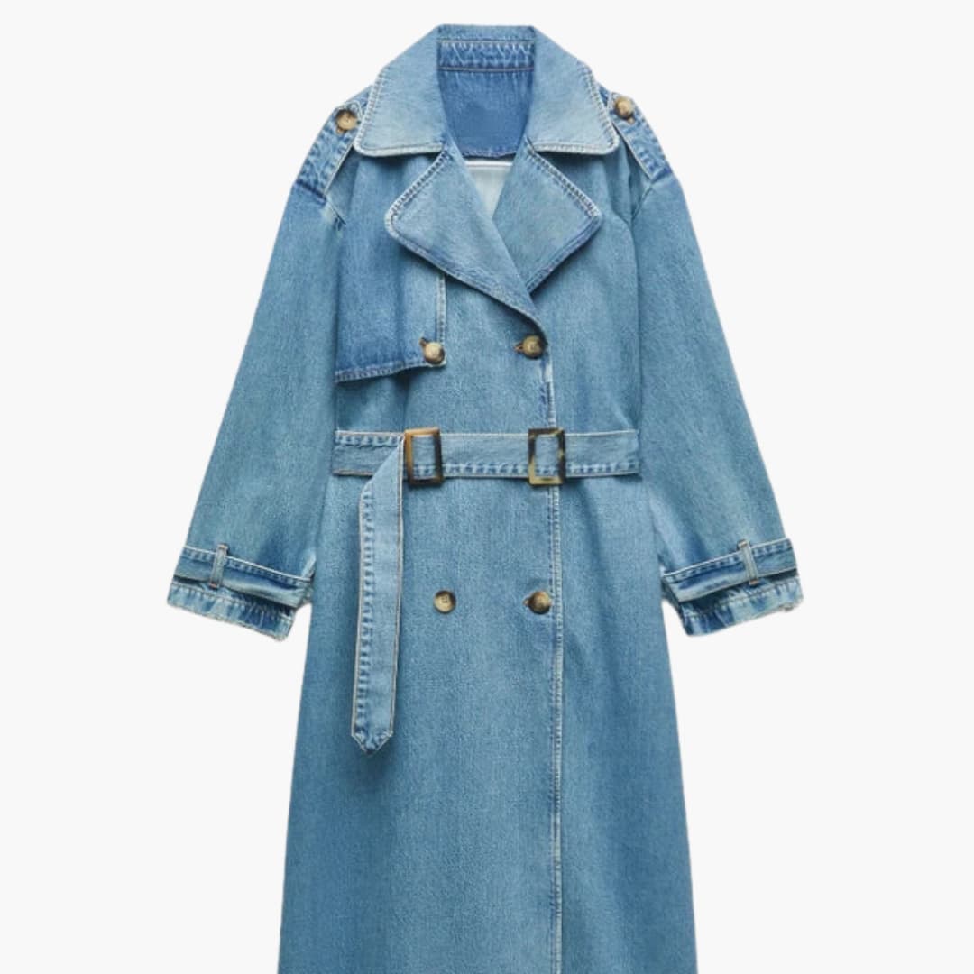 BerlinGlamour | Lange denim trenchcoat met riem voor dames 0