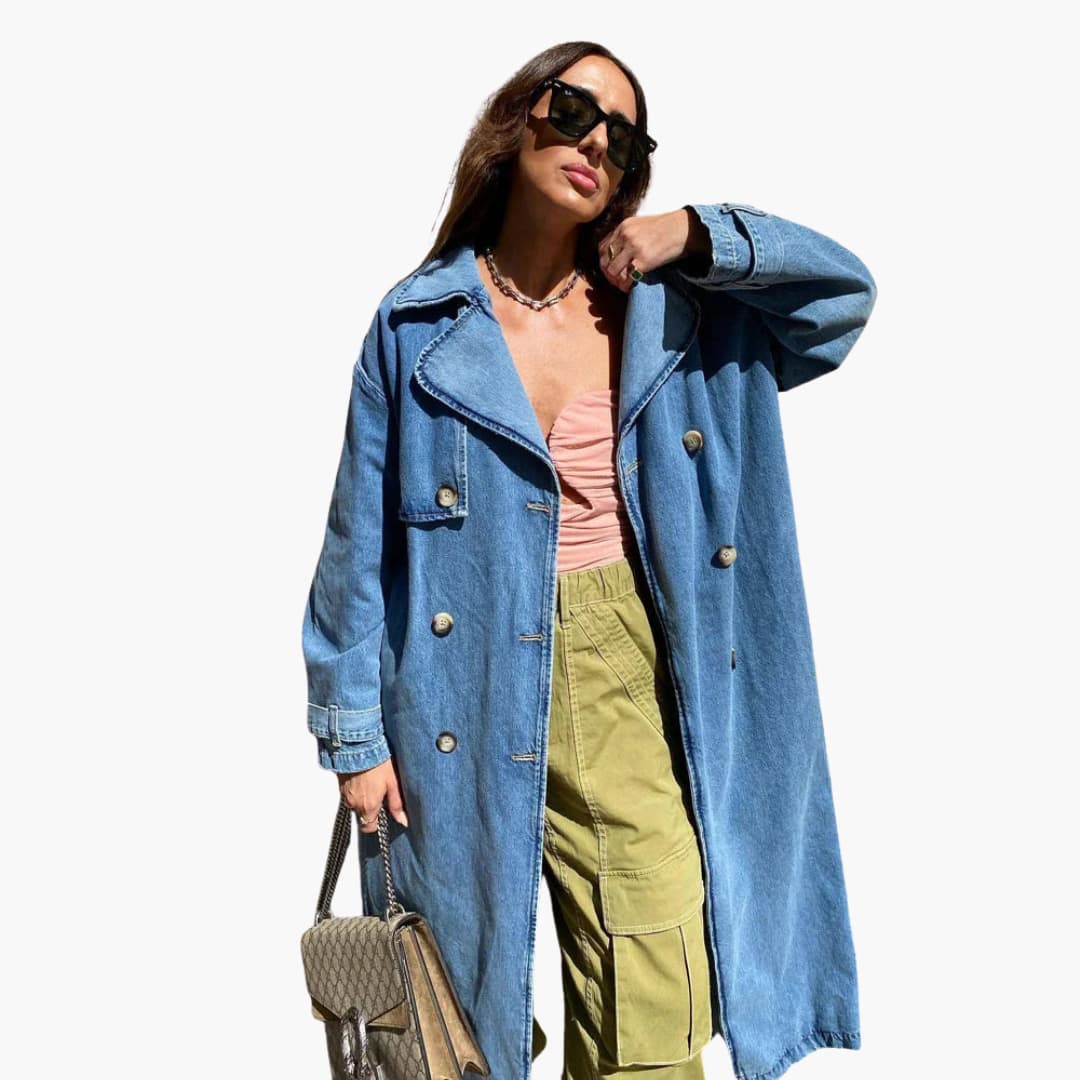 BerlinGlamour | Lange denim trenchcoat met riem voor dames 1