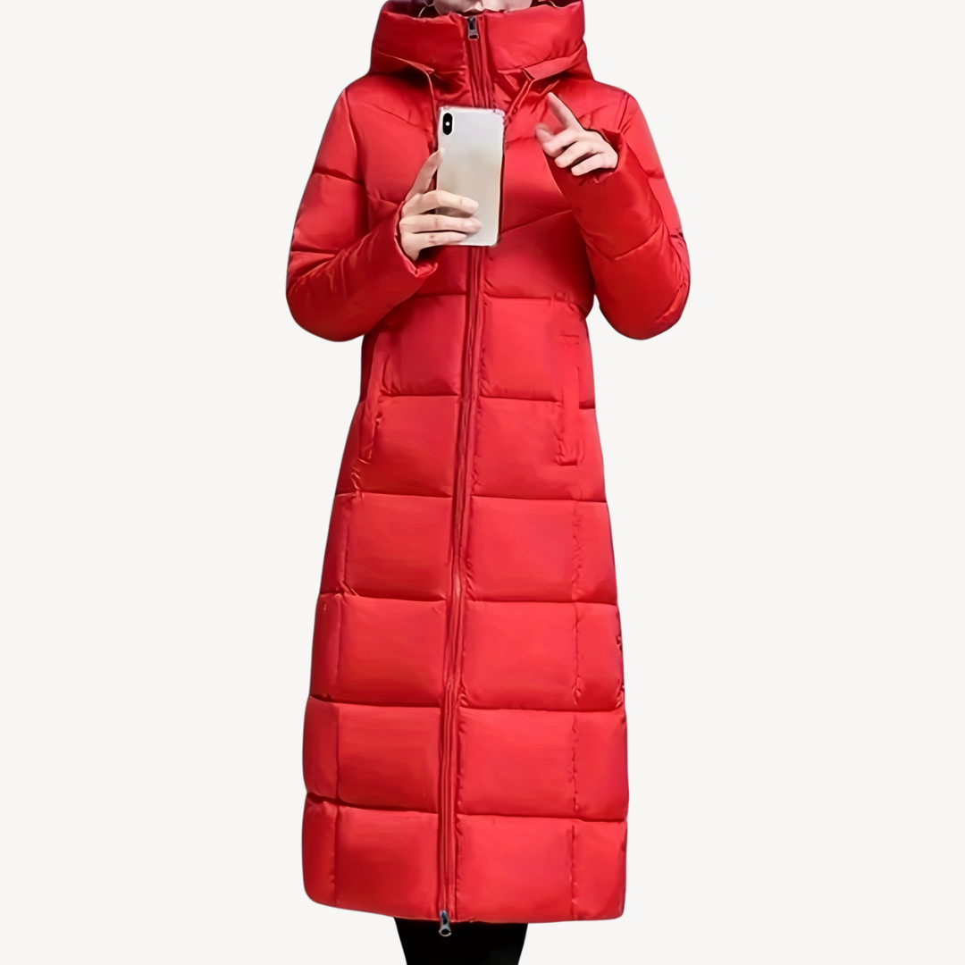 BerlinGlamour | Lange gewatteerde jas met capuchon voor dames 0