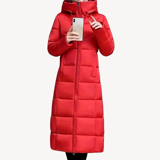 BerlinGlamour | Lange gewatteerde jas met capuchon voor dames 0