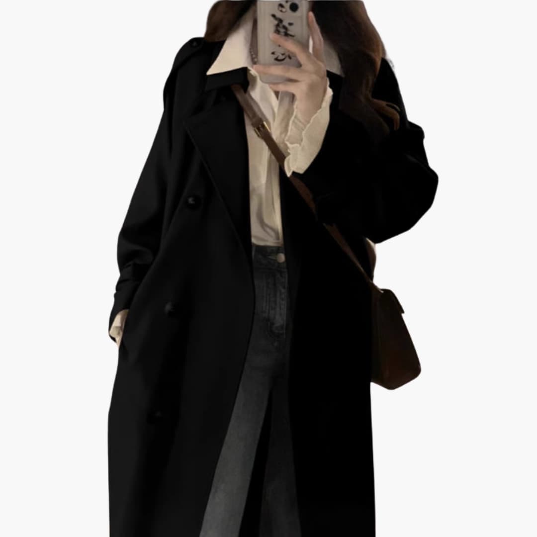 BerlinGlamour | Lange trenchcoat voor dames met inkepingkraag en dubbele knoopsluiting 1