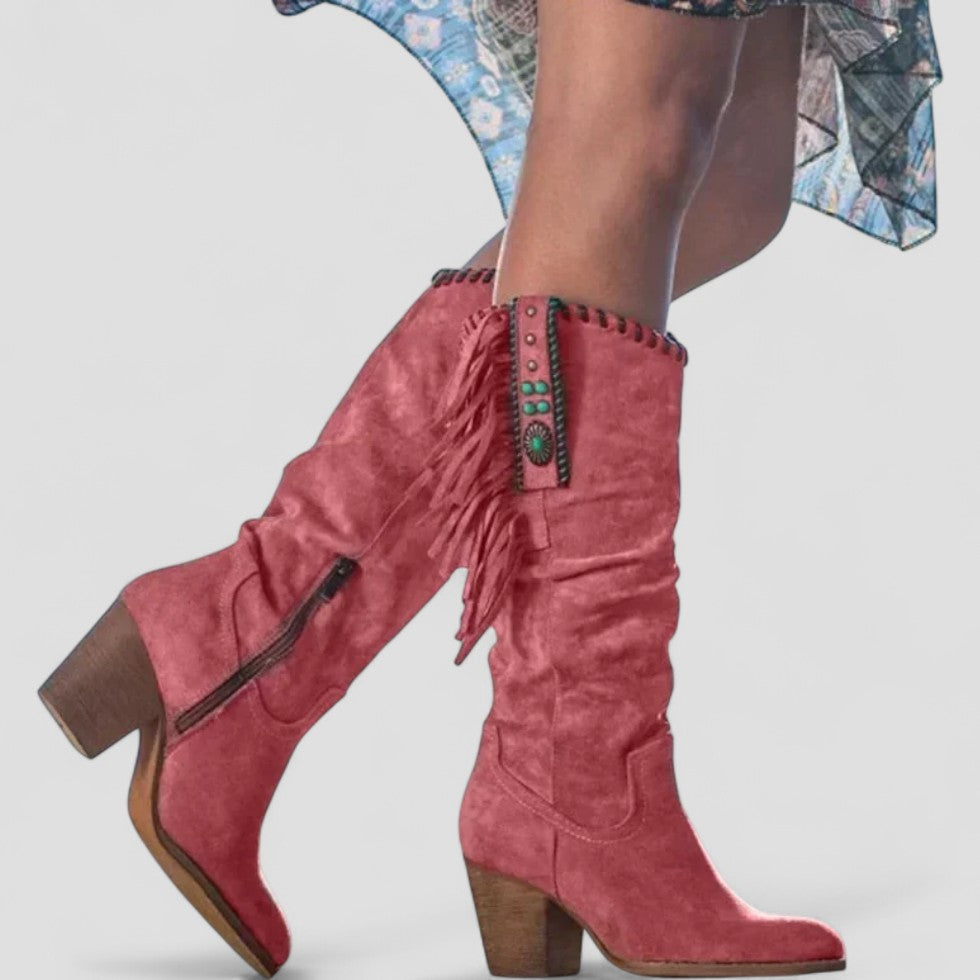 BerlinGlamour | Orthopedische kniehoge suède westernlaarzen met franjes voor dames 0