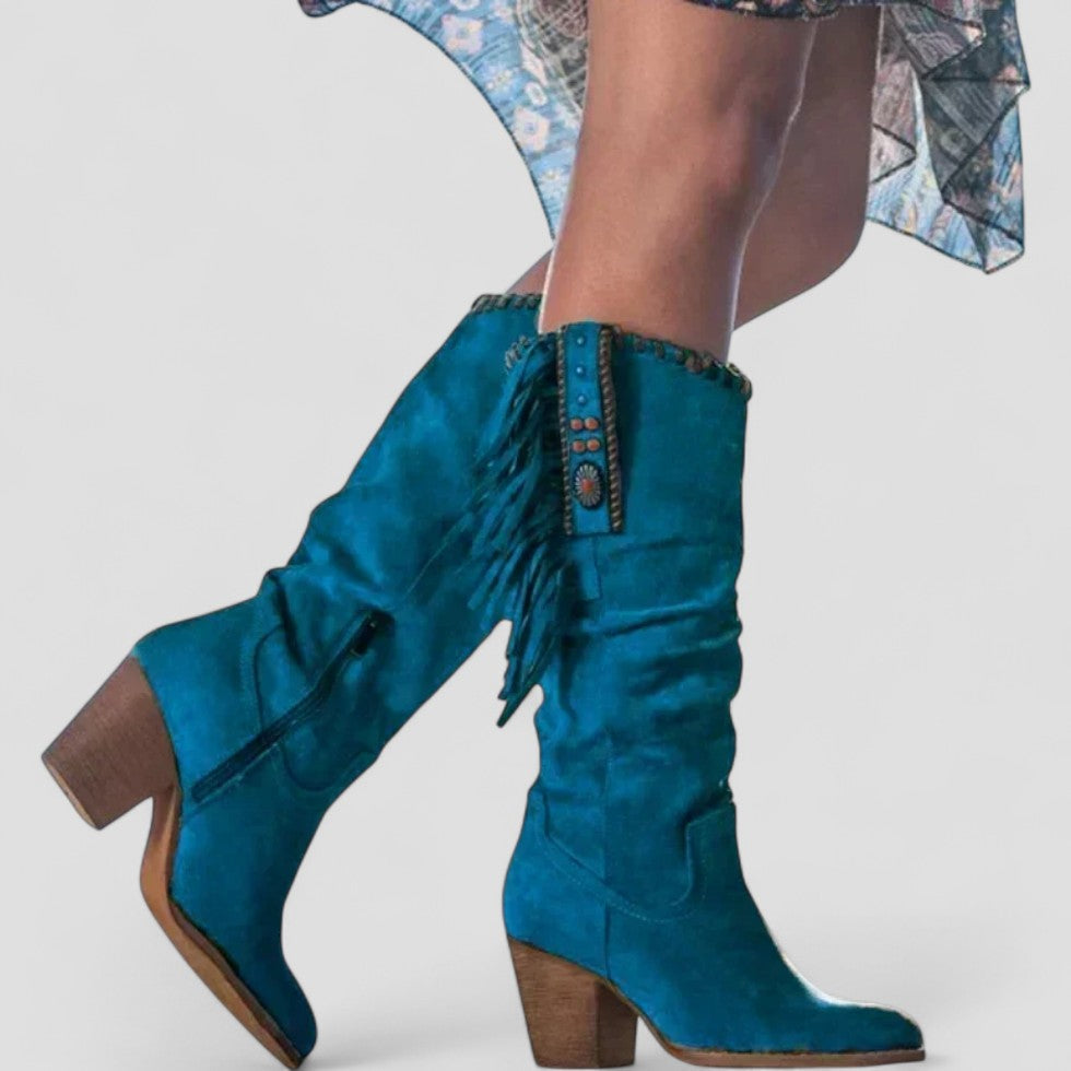 BerlinGlamour | Orthopedische kniehoge suède westernlaarzen met franjes voor dames 2
