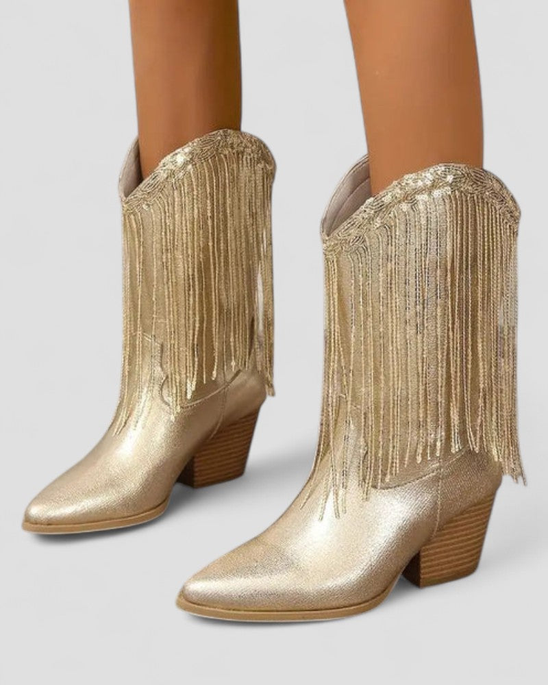 BerlinGlamour | Orthopedische western cowboylaarzen met metallic franjes voor dames 0