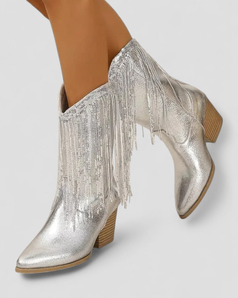 BerlinGlamour | Orthopedische western cowboylaarzen met metallic franjes voor dames 1