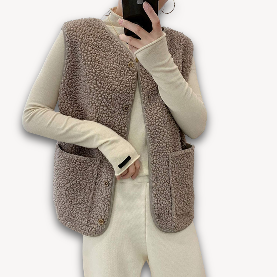 BerlinGlamour | Sherpa Fleece Vest voor Dames – Zacht, Mouwloos Pluche Jasje met Zakken – Casual Winterkleding 1