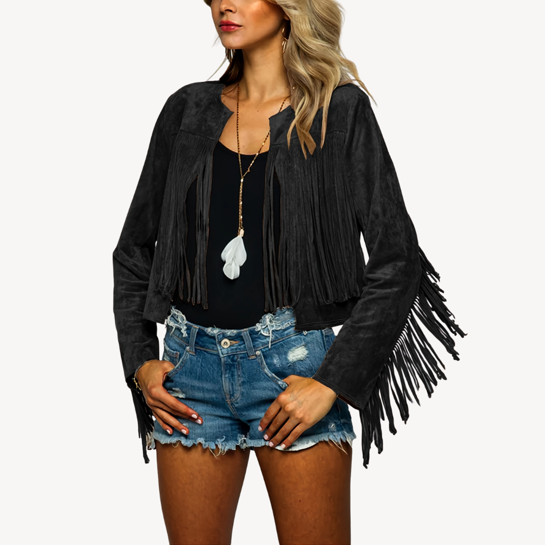 BerlinGlamour | Suède damesjasje met franjes 1