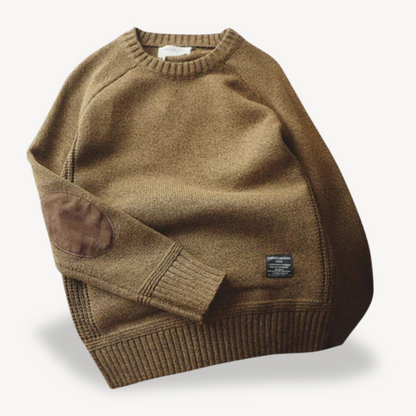 BerlinGlamour | Wollen herentrui met leren elleboogstukken 1