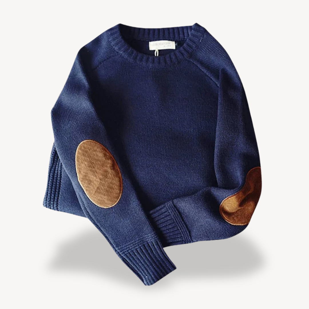 BerlinGlamour | Wollen herentrui met leren elleboogstukken 2