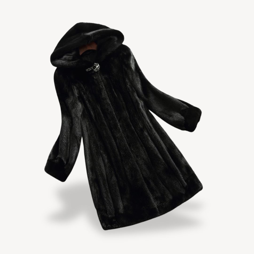 BerlinGlamour | Zwarte dames winterjas met imitatiebont en capuchon, lange mouwen 1