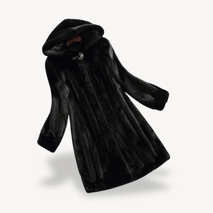 BerlinGlamour | Zwarte dames winterjas met imitatiebont en capuchon, lange mouwen 1