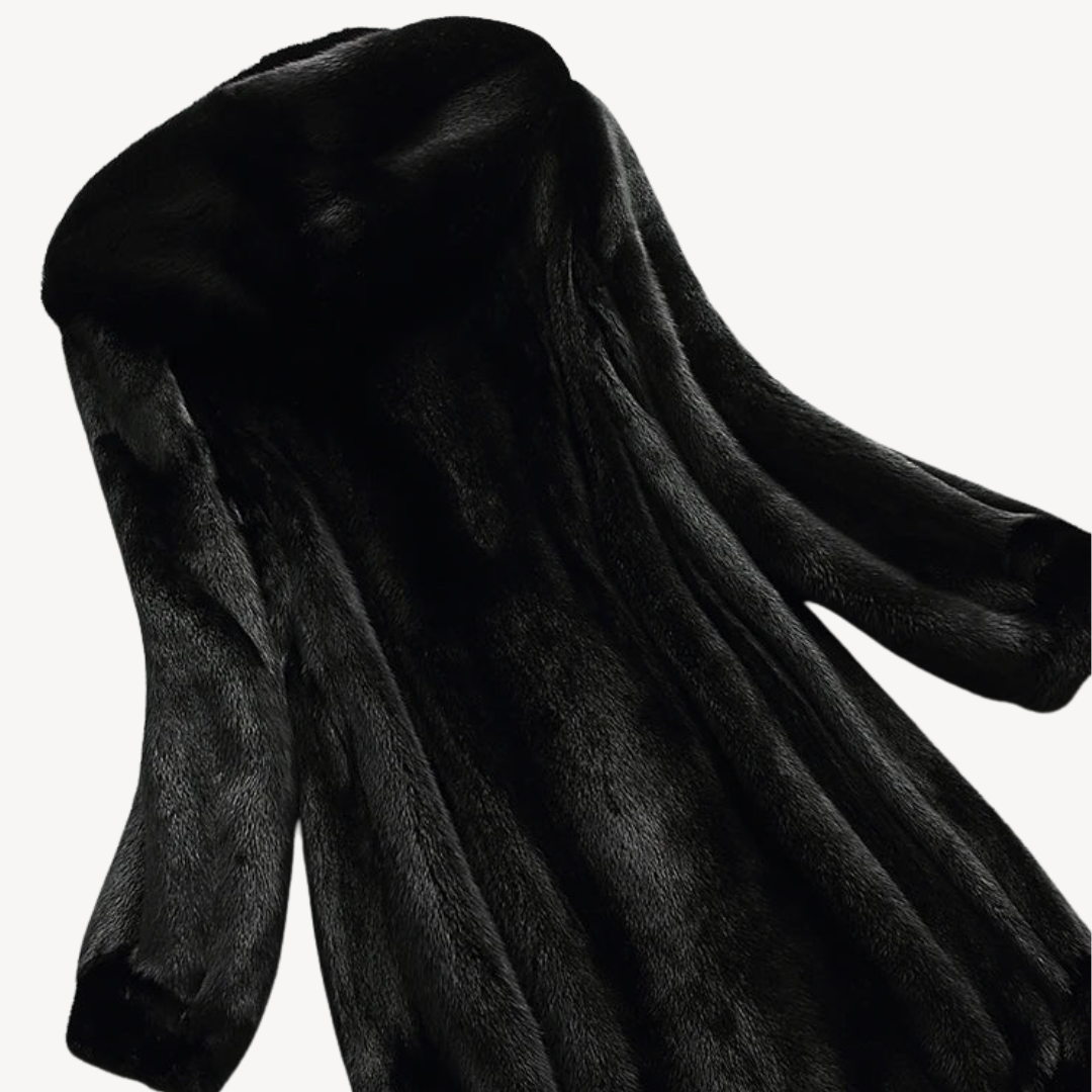 BerlinGlamour | Zwarte dames winterjas met imitatiebont en capuchon, lange mouwen 2