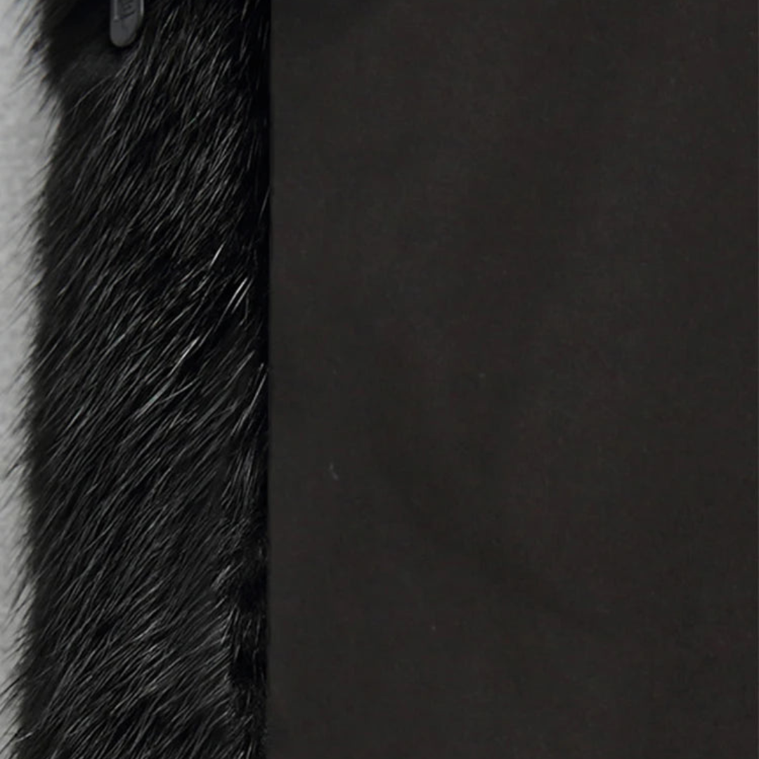 BerlinGlamour | Zwarte dames winterjas met imitatiebont en capuchon, lange mouwen 5