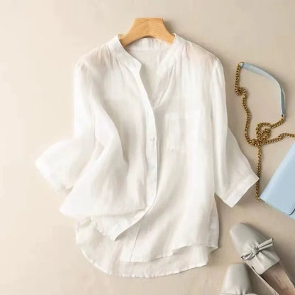 Stijlvolle Dames Katoenen Lichte V-Hals Blouse