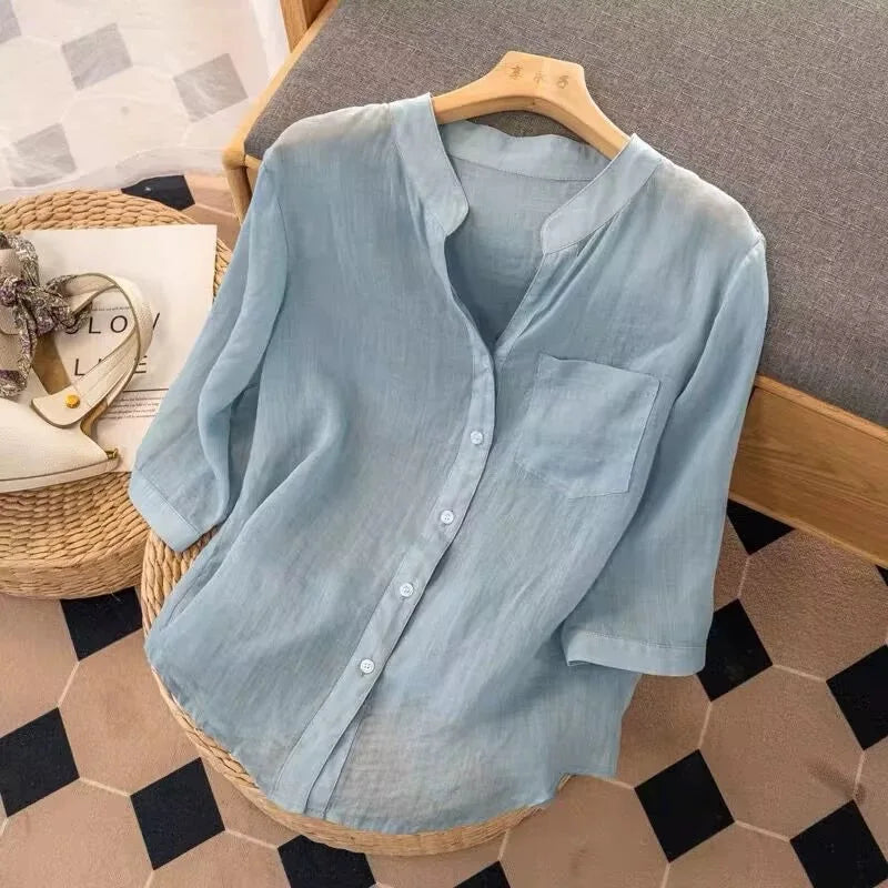 Stijlvolle Dames Katoenen Lichte V-Hals Blouse
