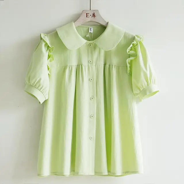 Zachte Blauwe Voorjaarsblouse met Peter Pan Kraag