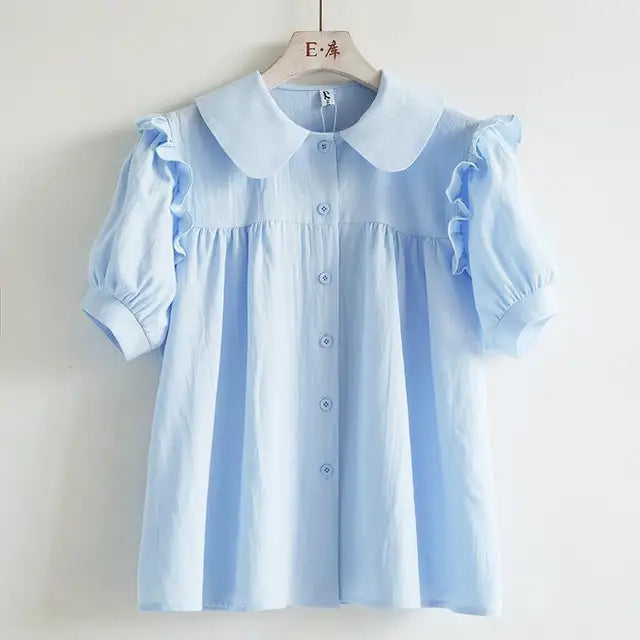 Zachte Blauwe Voorjaarsblouse met Peter Pan Kraag