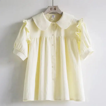 Zachte Blauwe Voorjaarsblouse met Peter Pan Kraag