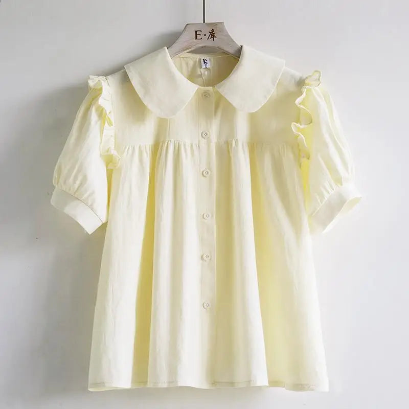 Zachte Blauwe Voorjaarsblouse met Peter Pan Kraag
