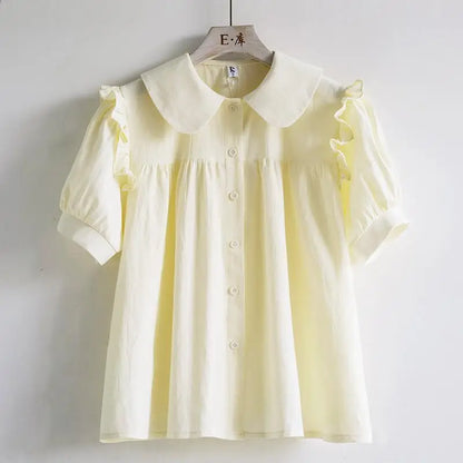 Zachte Blauwe Voorjaarsblouse met Peter Pan Kraag