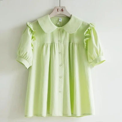 Zachte Blauwe Voorjaarsblouse met Peter Pan Kraag