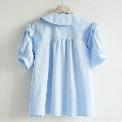 Zachte Blauwe Voorjaarsblouse met Peter Pan Kraag
