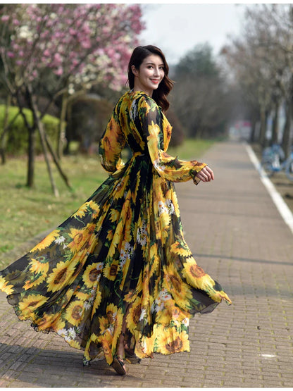 GoldenAura Bloemen Gedrukte Maxi Jurk