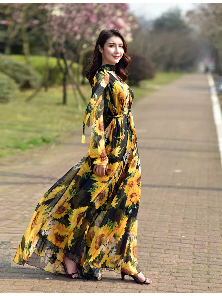 GoldenAura Bloemen Gedrukte Maxi Jurk