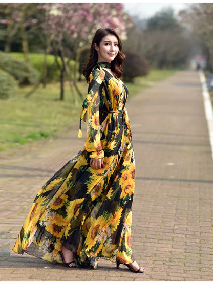 GoldenAura Bloemen Gedrukte Maxi Jurk