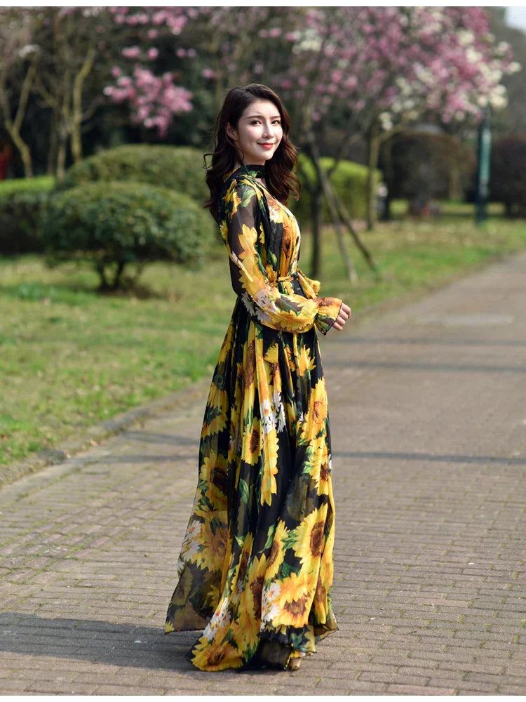 GoldenAura Bloemen Gedrukte Maxi Jurk