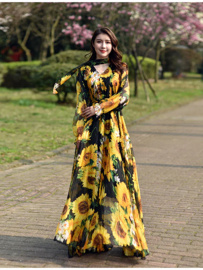 GoldenAura Bloemen Gedrukte Maxi Jurk