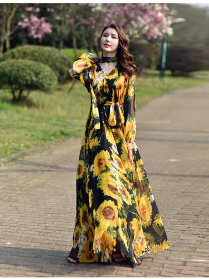 GoldenAura Bloemen Gedrukte Maxi Jurk