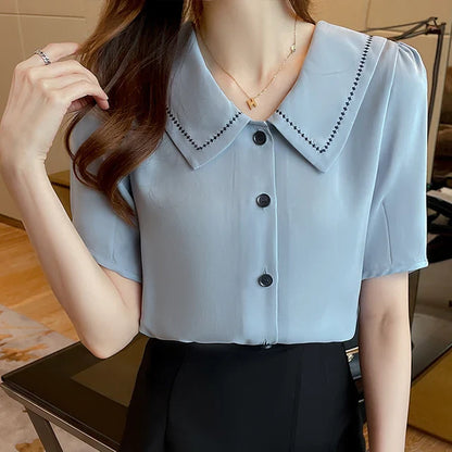 Zomerse Witte Chiffon Blouse met Korte Mouwen